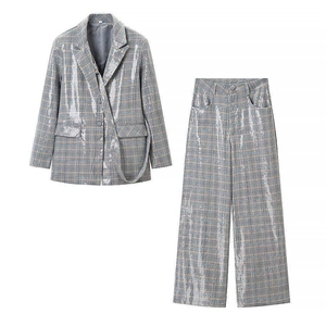 Women Sequin Plaid Blazer Top And High Waist Wide Leg Pants Set Commuter Business Checkered Outfit Grey Blue Trouser Suit