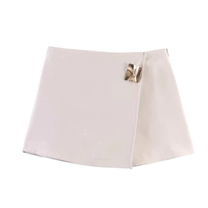 Beige wrap mini skirt with high waist and decorative gold geometric metal buckle