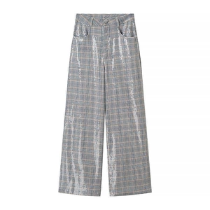 Women's autumn high-waisted plaid wide-leg trousers with shimmering metallic sequin details