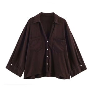 Women's chocolate brown loose button-down shirt with double pockets and long sleeves