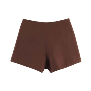 Detailed front view of brown high-waisted shorts with minimalist darts and clean lines