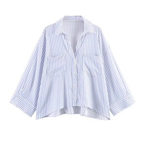 Relaxed fit blue and white vertical striped long sleeve shirt with front chest pockets