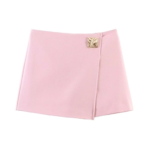Chic pink wrap-style mini skirt with a stylish golden square buckle on white background