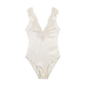 Elegante Body da Donna Con Scollo a V Profondo e Bordo in Pizzo Senza Maniche Sexy Bianco Avorio Poliestere Tuta Estiva Top