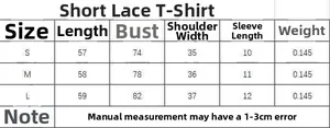 Tableau détaillé des tailles pour t-shirt en dentelle noire pour femme avec mesures
