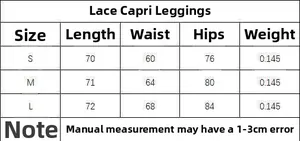 Tableau des tailles détaillé pour legging capri en dentelle tailles S M L incluses