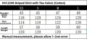 Detailed size chart for sleeveless striped poplin shirt with measurements from XS to L