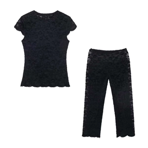Ensemble ZA Style Femme Été Minimaliste Dentelle Noire Top Et Bas Élégant Floral Ajouré Top Manches Courtes Et Pantalon Long