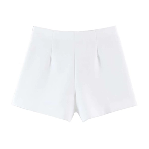 Detail of high waisted white mini skirt with elegant pleats and textured fabric finish
