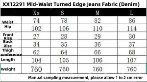Size chart for high-waisted loose denim jeans with detailed waist and hip measurements