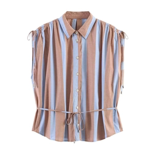 Women Vintage Vertical Stripe Sleeveless Shirt Lapel Button Down Blouse With Tie Waist Summer Casual Striped Top