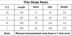 Size chart for wide leg pinstripe trousers showing length, waist, and hip measurements
