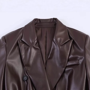 Classic dark brown PU leather blazer for women with notched lapel and sleek texture