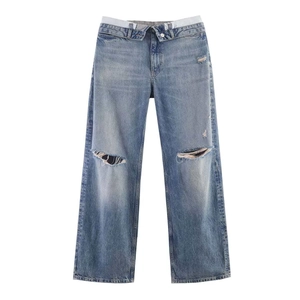 Women High Waist Distressed Ripped Straight Leg Jeans Vintage Washed Denim Pants With Double Waistband Casual Trousers