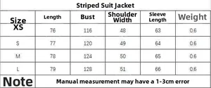 Size chart for women striped oversized blazer with measurements from XS to L
