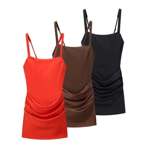 Sexy Women Ruching Cami Mini Dress Backless Lace-up Corset Bodycon Party Clubwear Sleeveless Draped Slim Fit Polyester Dress