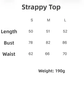 Size chart for women strap top showing length, bust and waist measurements in S M L
