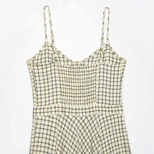Summer yellow plaid camisole midi dress with adjustable straps and smocked back panel