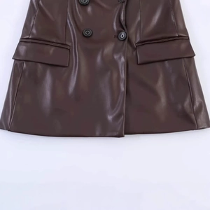 Dark brown faux leather PU blazer with double-breasted buttons and flap pockets