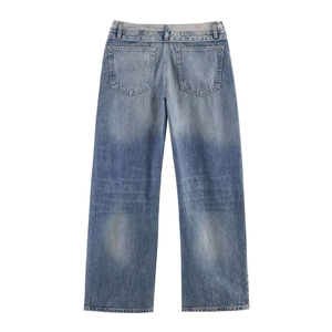 High waist ripped loose straight denim pants in washed blue with double layered waistband