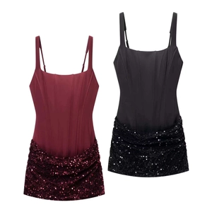 Mini Robe Corset Sexy à Paillettes pour Femmes Dos Lacé Bretelles Spaghetti Réglables Moulante Fête Club Sans Manches