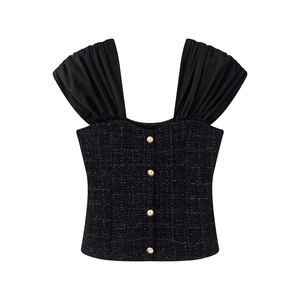 Vintage Women Black Tweed Patchwork Top Elegant Pleated Puff Shoulder Straps Gold Buttons Slim Fit Camisole Party Blouse