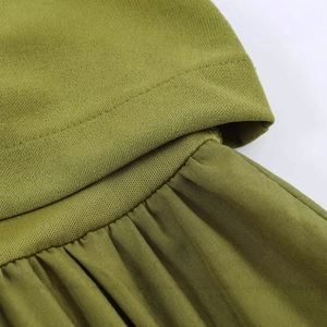 Minimalist high waist pleated summer dress in olive green with ruched fabric details