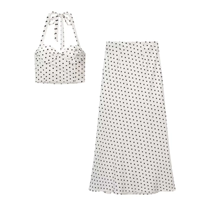 Ensemble Deux Pièces Femme Crop Top Dos Nu à Pois Et Jupe Longue Taille Haute Évasée Tenue de Vacances