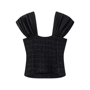Elegant black tweed top with puff shoulder straps and shimmering metallic silver threads