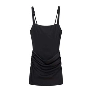 Sleeveless black mini bodycon dress with square neck and ruched details for women