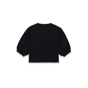 Damen Strickoberteil in Schwarz mit Puffärmeln und Rippbündchen, minimalistische Rückansicht