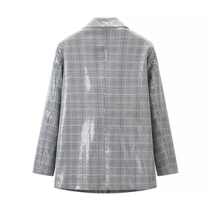 Back view of grey plaid blazer with silver sequins and professional tailored fit