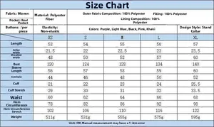 Detailed size chart for women's standing collar baseball jacket with poly measurements