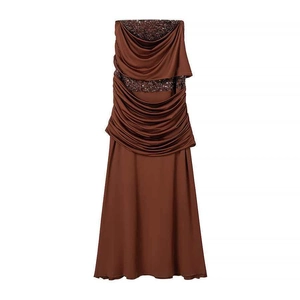 Robe Maxi Sexy Marron Froncée à Paillettes Dos Nu Sans Manches Moulante Bandeau Fête Soirée Banquet Robe Longue