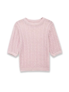 Detailed view of pink cable knit texture on minimalist crew neck short sleeve sweater