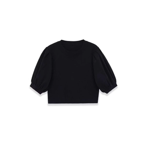 Damen Strick-Crop-Top in Schwarz mit schicken Puffärmeln und klassischem Rundhals
