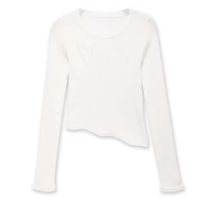 Women's Crew Neck Asymmetrical Hem Ribbed Knit Top Slim Fit Long Sleeve Solid Color Pullover Casual Basic Sweater