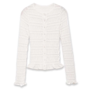 Women's Elegant White Smocked Knitted Cardigan Slim Fit Round Neck Long Sleeve Top With Ruffles And Button Front