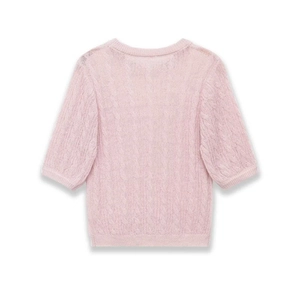 Pink cable knit short sleeve sweater for women featuring a textured back view design