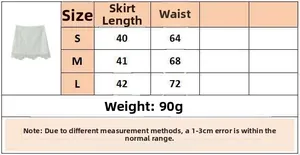 Detailed size guide for white lace skirt showing waist and length in S, M, and L sizes