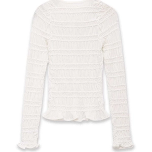 Slim fit white long sleeve knit cardigan with smocking texture and ruffle edges