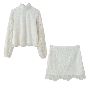 Women Elegant White Lace Lantern Sleeve High Neck Top And Scalloped Hem Mini Skirt Top And Bottom Outfits Matching Set