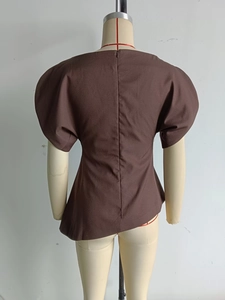 Detail view of dark brown off-shoulder top featuring puff sleeves and back zipper closure