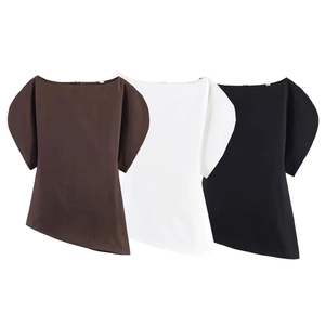 Women's off-shoulder puff sleeve tops with asymmetrical hem in brown, white and black colors
