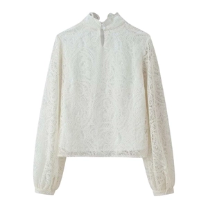Elegant white floral lace high neck top with lantern sleeves and back keyhole closure