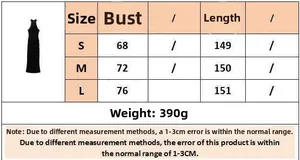 Size chart showing bust and length for black halter neck lace knitted maxi dress