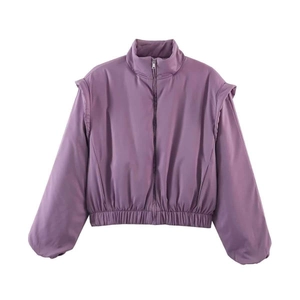 Women's lavender cropped bomber jacket with stand collar and elasticated cuffs
