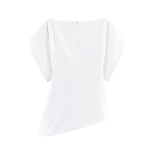 White off-shoulder top with irregular hem, puff sleeves, and back zipper detail