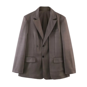 Women's loose striped blazer jacket in charcoal grey with notched lapels and flap pockets