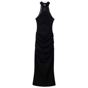 Women Halter Neck Lace Patchwork Maxi Dress Elegant Ruched Tight Fit Sleeveless Backless Party Evening Banquet Long Dress